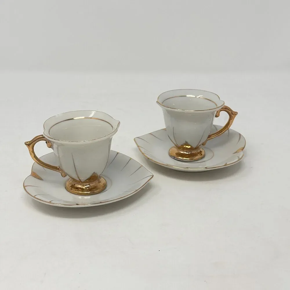 Vintage Inarco Japan White Gold Leaf Demitasse Teacup Saucer Set 2pc E-168-3